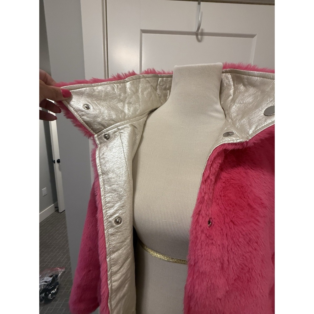 Free Press Women Coat Reversible Sherpa Faux Fur Pink Gold Size S - Picture 2 of 10